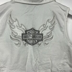Harley-Davidson Womens Vest White L Corset Back w/Bling Zip Front Pockets Cotton